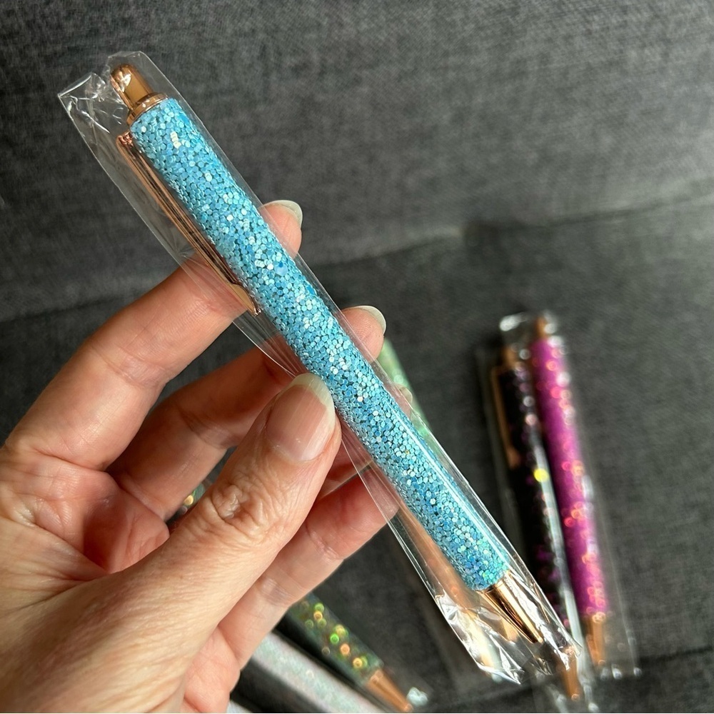 SPARKLY BLUE Fancy Sequin Glitter Ballpoint Pen, Rose Gold Metal, Black Ink